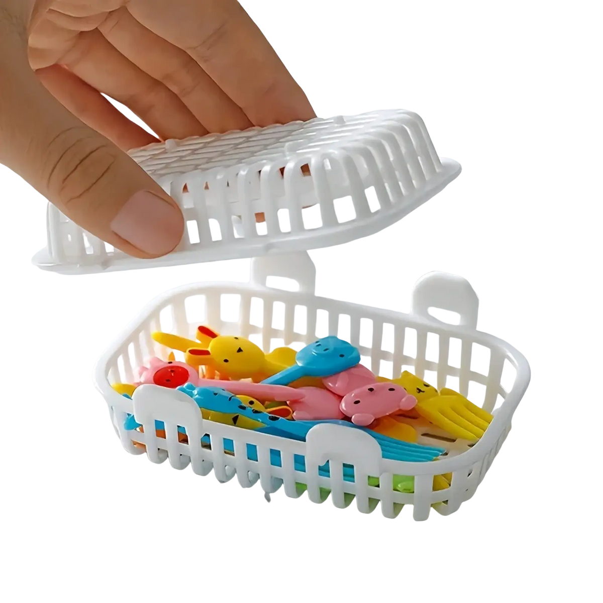 White plastic dishwasher basket with hinged lid containing colorful cartoon-shaped utensils for small item organization