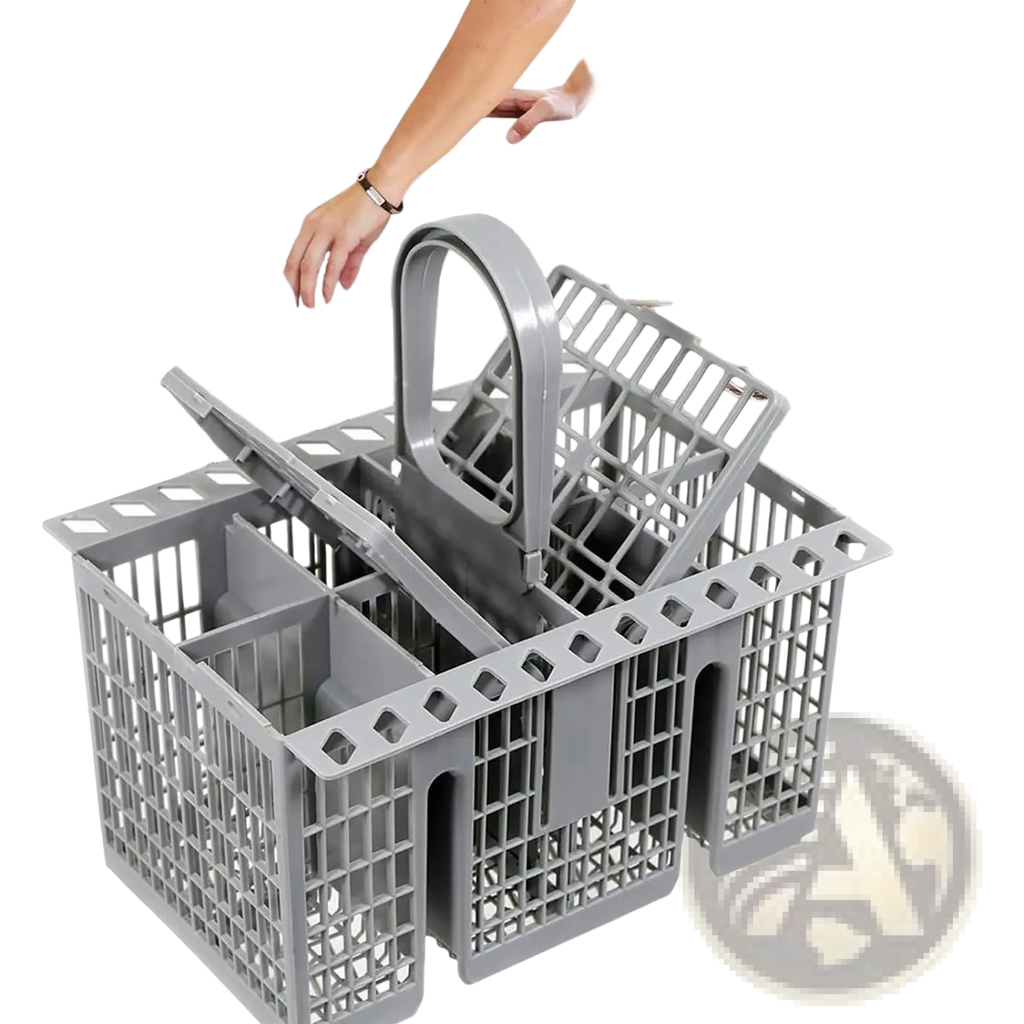 Gray plastic dishwasher cutlery basket with handle and multiple compartments for organizing utensils for Hotpoint Indesit