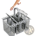 Gray plastic dishwasher cutlery basket with handle and multiple compartments for organizing utensils for Hotpoint Indesit