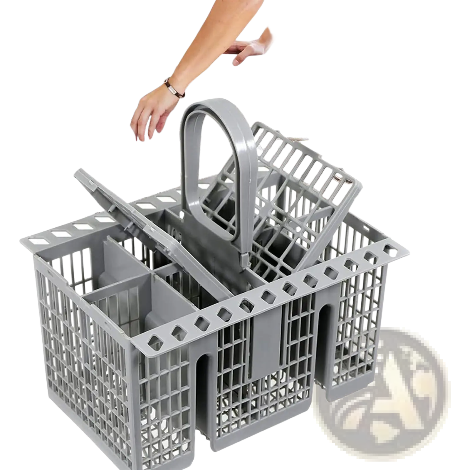 Gray plastic dishwasher cutlery basket with handle and multiple compartments for organizing utensils for Hotpoint Indesit