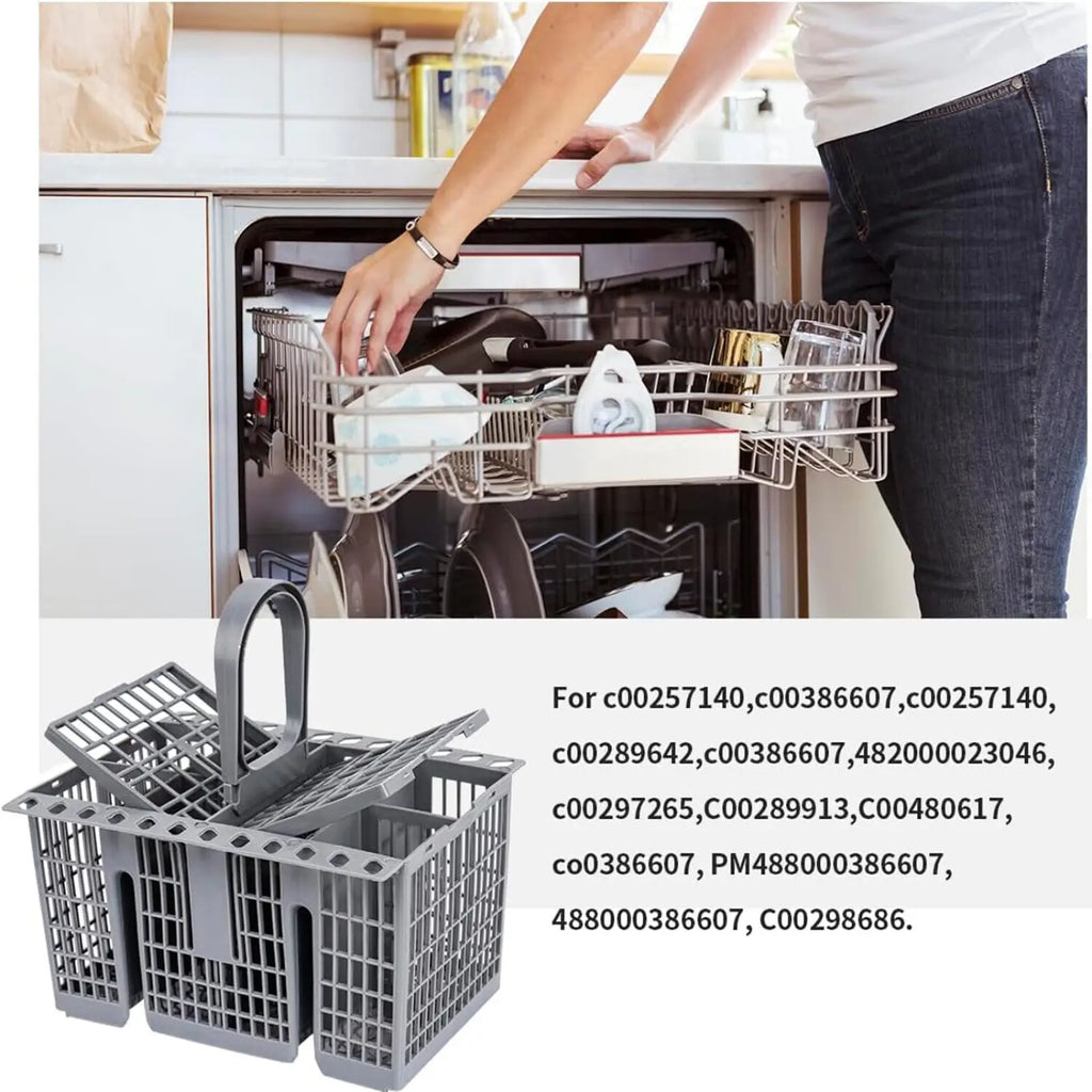 Gray plastic dishwasher cutlery basket with handle and compartments for organizing utensils compatible with hotpoint indesit