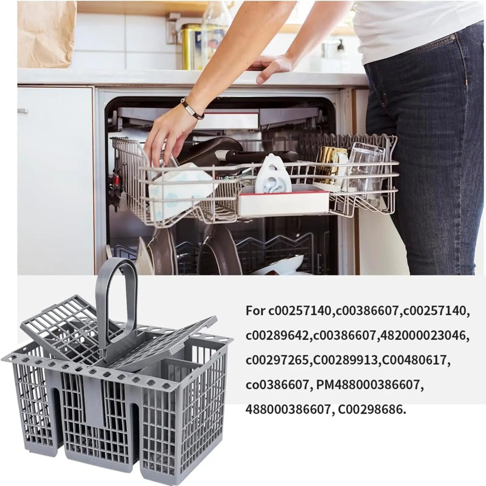 Gray plastic dishwasher cutlery basket with handle and compartments for organizing utensils compatible with hotpoint indesit