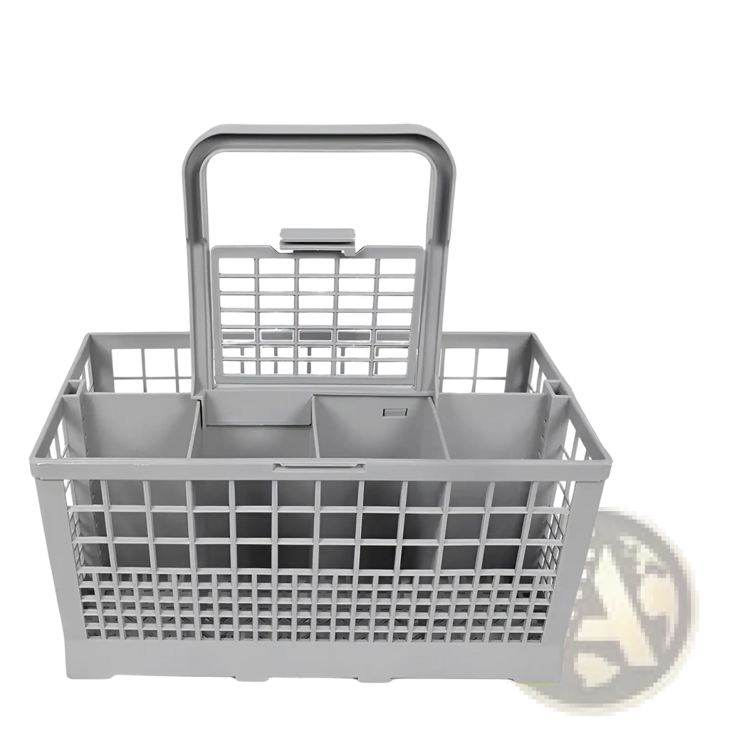 Gray plastic dishwasher cutlery basket with handle and multiple compartments for Hotpoint Indesit dishwashers