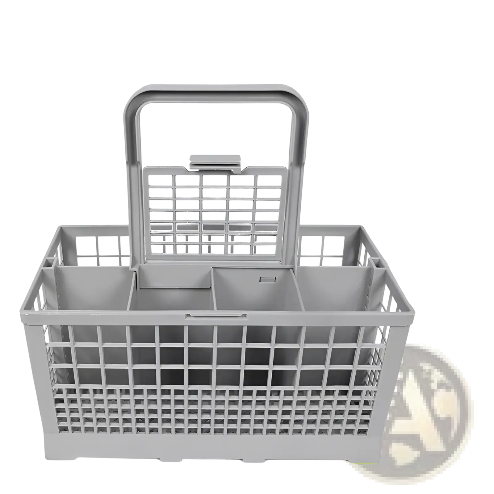 Gray plastic dishwasher cutlery basket with handle and multiple compartments for Hotpoint Indesit dishwashers