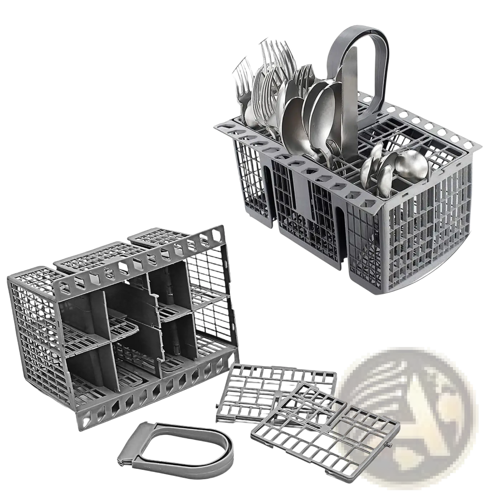 Gray plastic dishwasher cutlery basket for hotpoint indesit with handle and removable inserts for utensil storage