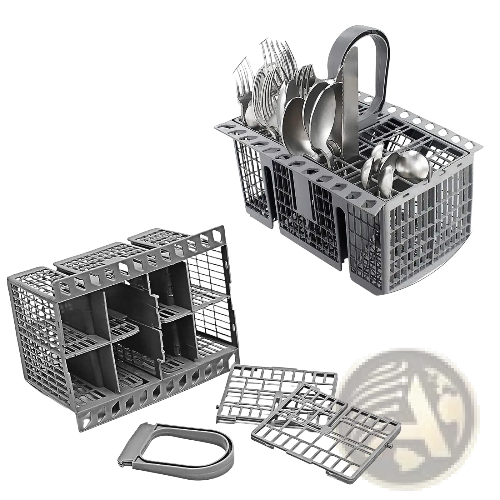 Gray plastic dishwasher cutlery basket for hotpoint indesit with handle and removable inserts for utensil storage