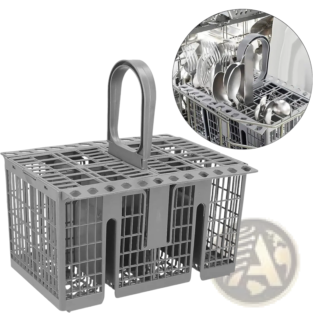 Gray plastic dishwasher cutlery basket with handle and grid design for organizing spoons forks and knives compatible with Hotpoint Indesit