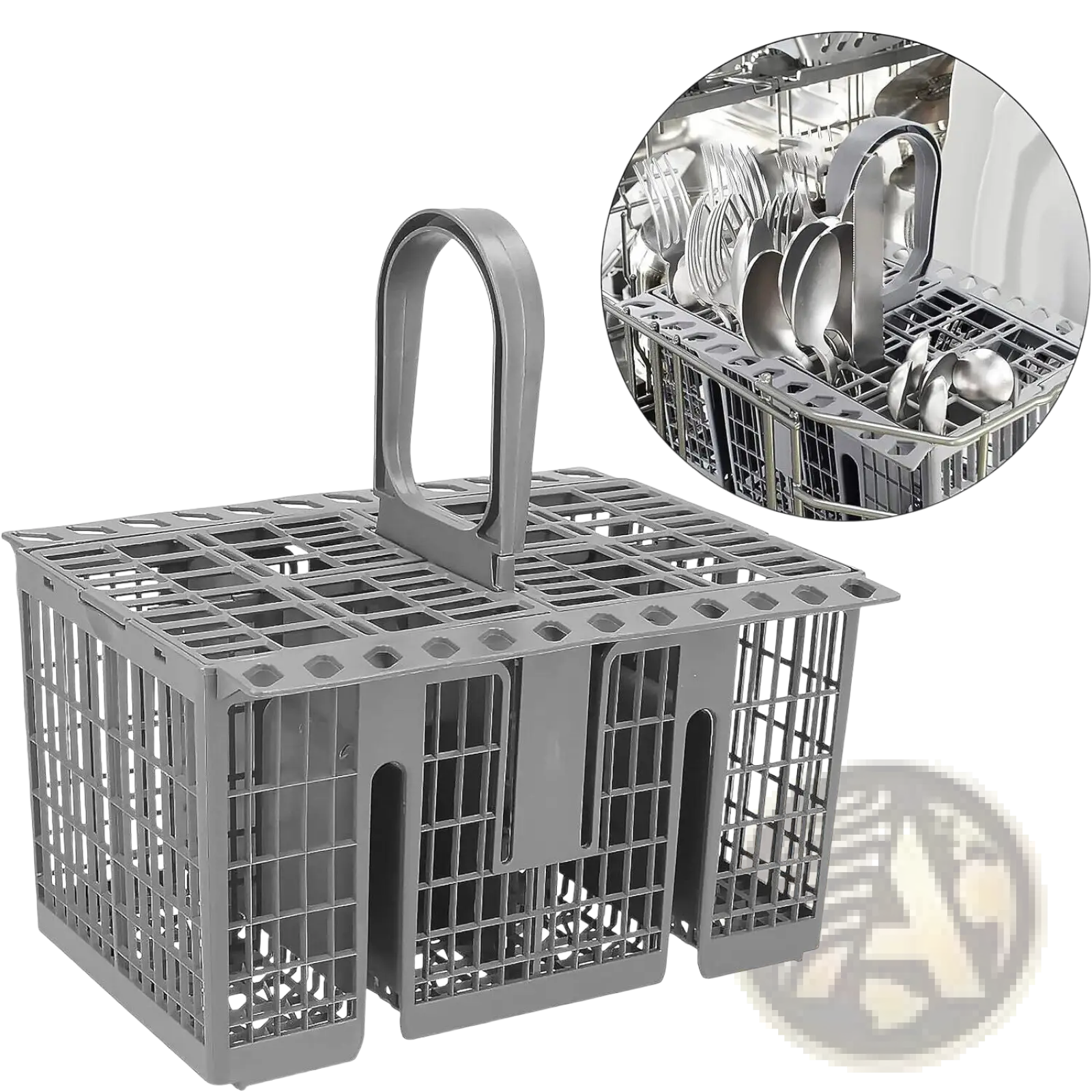 Gray plastic dishwasher cutlery basket with handle and grid design for organizing spoons forks and knives compatible with Hotpoint Indesit