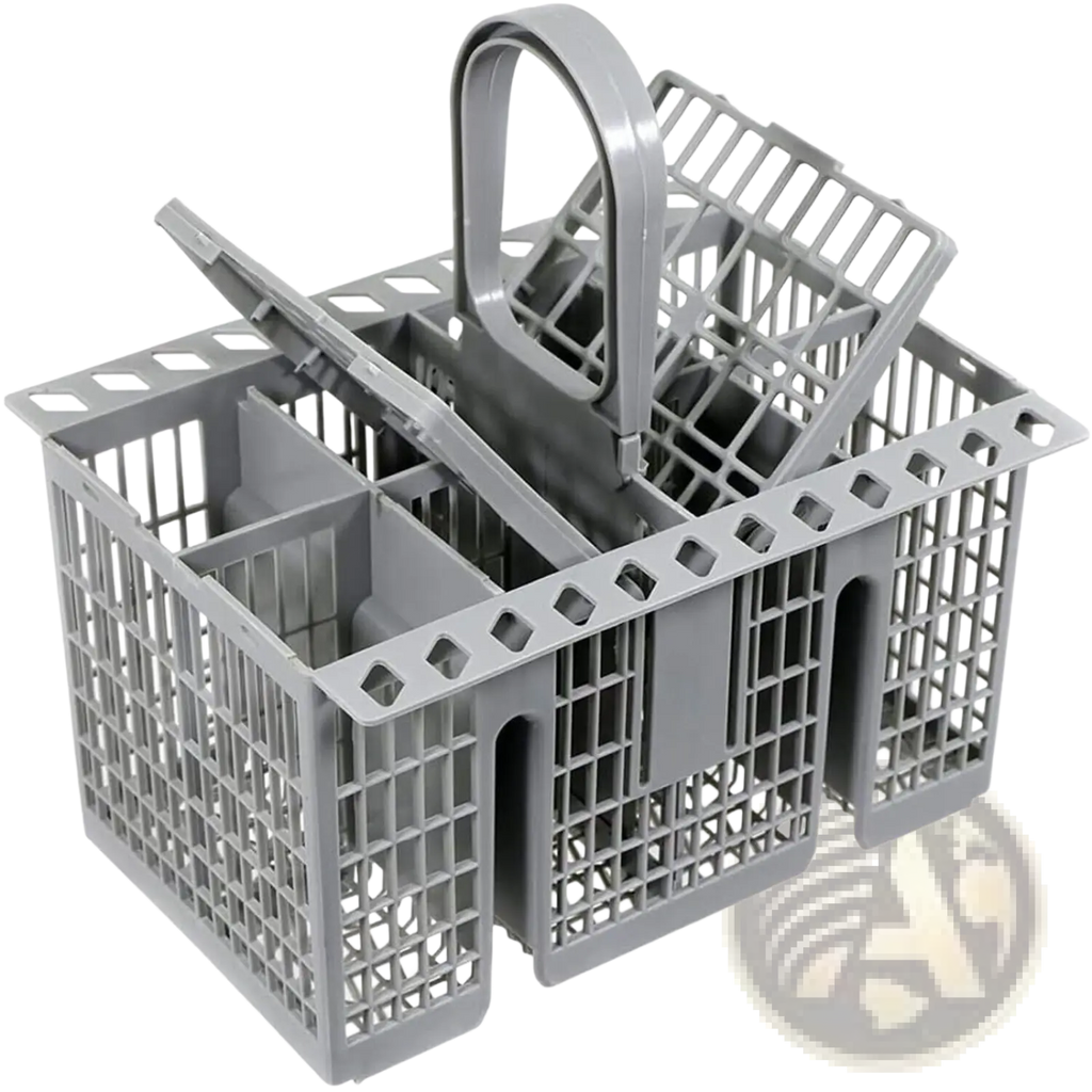 Gray plastic dishwasher cutlery basket for Hotpoint Indesit with handle and multiple compartments for utensil organization