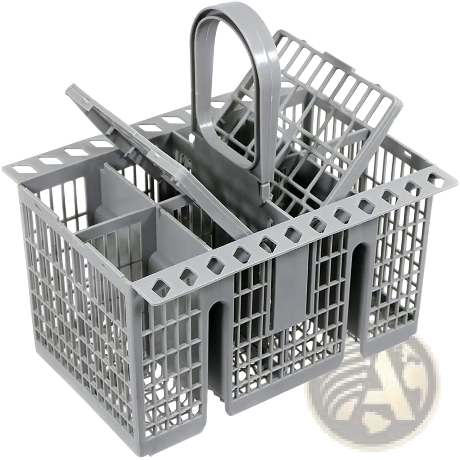 Gray plastic dishwasher cutlery basket for Hotpoint Indesit with handle and multiple compartments for utensil organization