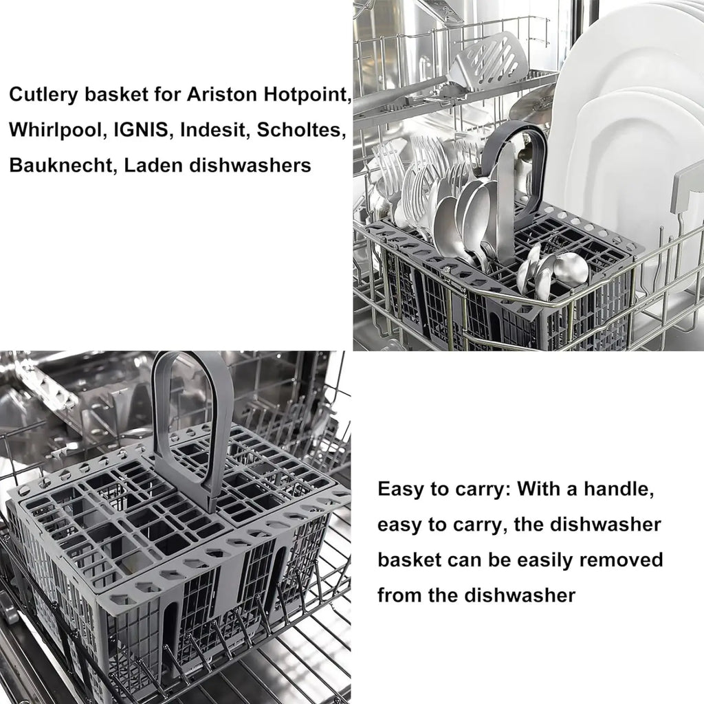 Gray plastic cutlery basket with handle for dishwasher use compatible with hotpoint indesit ariston and whirlpool models