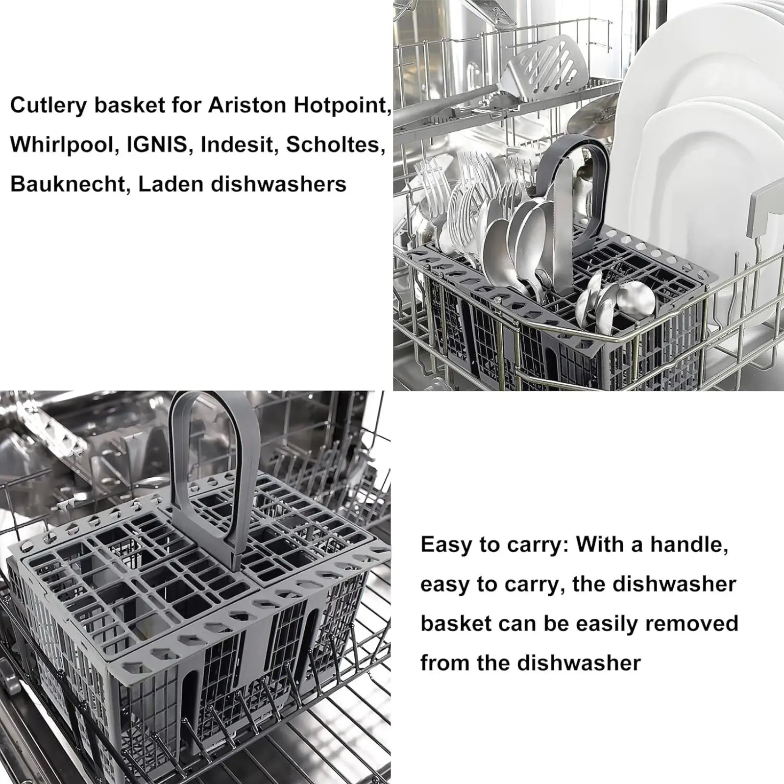 Gray plastic cutlery basket with handle for dishwasher use compatible with hotpoint indesit ariston and whirlpool models