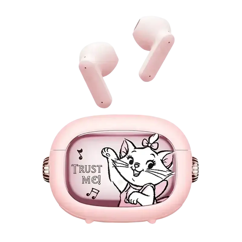 Pink matte-finish disney donald duck wireless earbuds with charging case featuring battery life and trust me design