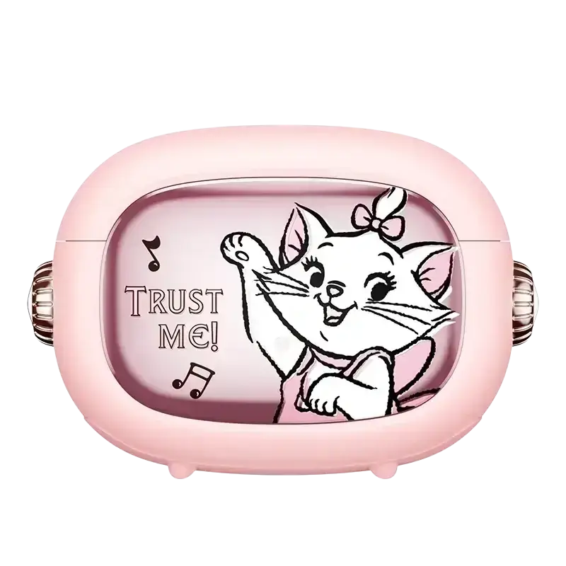 Pink plastic charging case for disney donald duck in-ear headphones featuring marie illustration with trust me text and musical notes