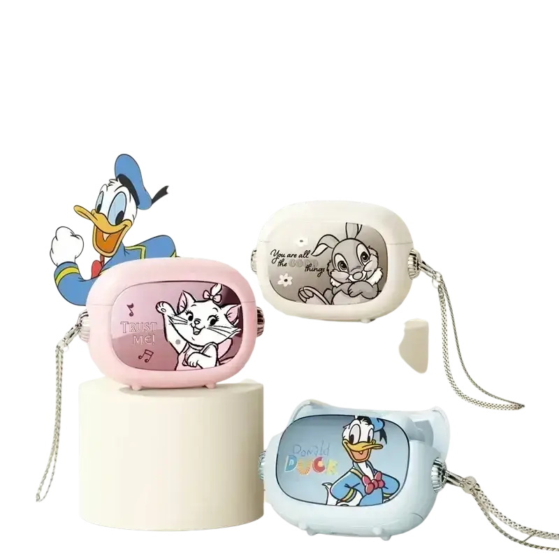 Pink silicone charging case for disney donald duck in-ear headphones with cartoon cat design and trust me text