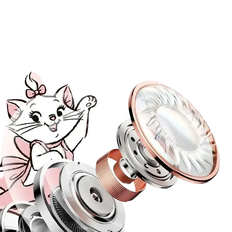 Rose gold and silver speaker driver with intricate internal components in donald duck in ear headphones with charging case battery life