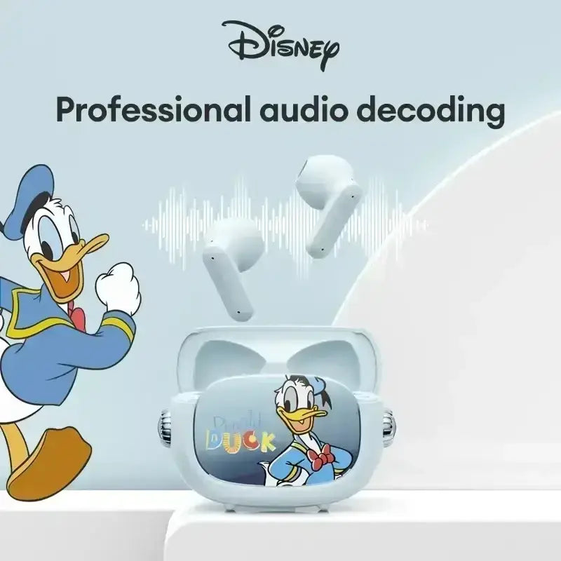 White Disney Donald Duck in-ear headphones with wireless charging case featuring character design and long battery life
