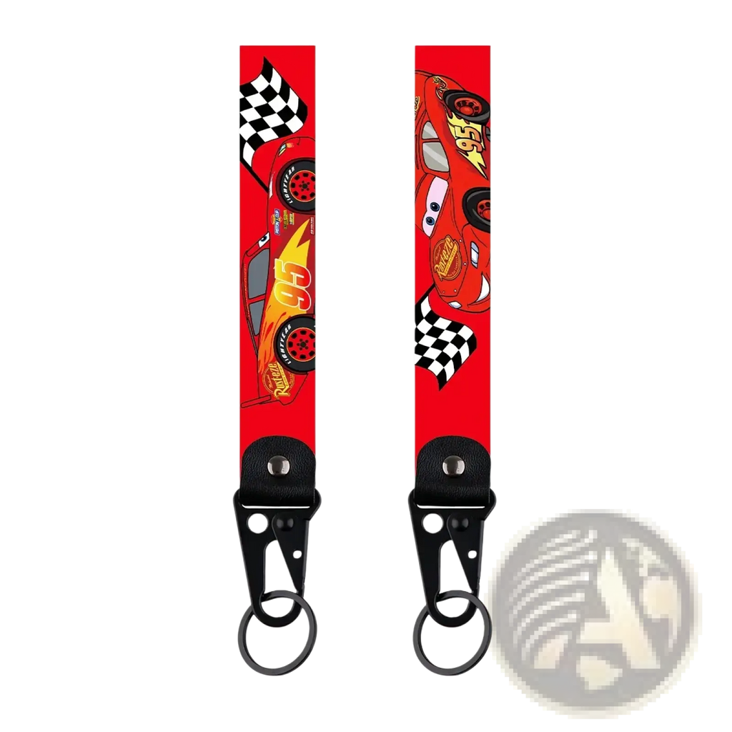 Disney mickey mouse cartoon car leather keychain featuring a red lightning mcqueen strap with black metal clip and ring