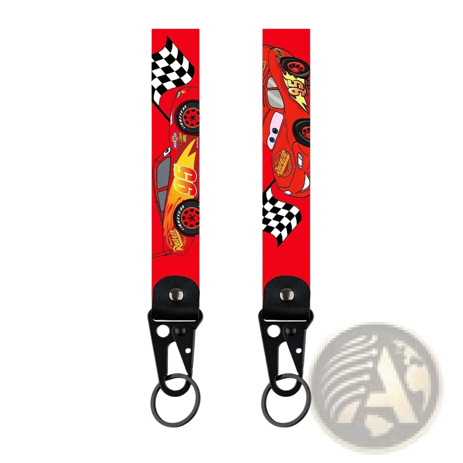 Disney mickey mouse cartoon car leather keychain featuring a red lightning mcqueen strap with black metal clip and ring