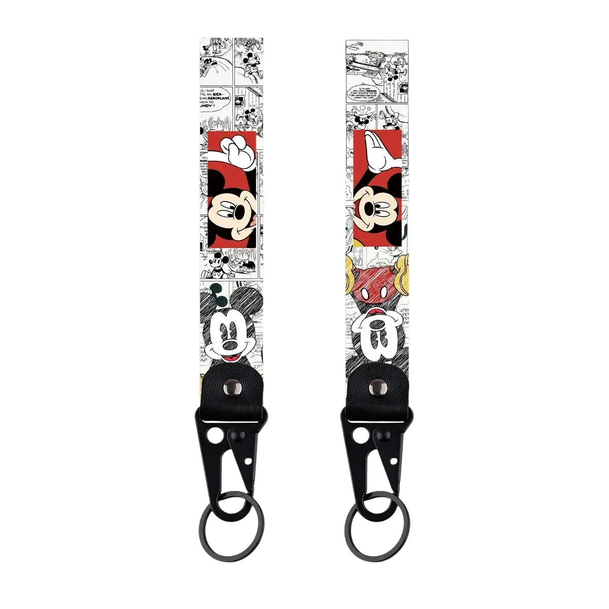 Black Mickey Mouse cartoon car leather keychain with red and white comic book panels featuring Disney illustrations