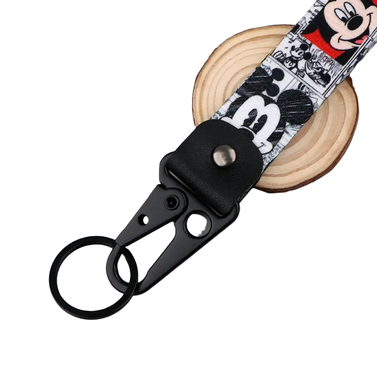 Black Mickey Mouse cartoon car leather keychain featuring a keychain with leather tab and metal carabiner