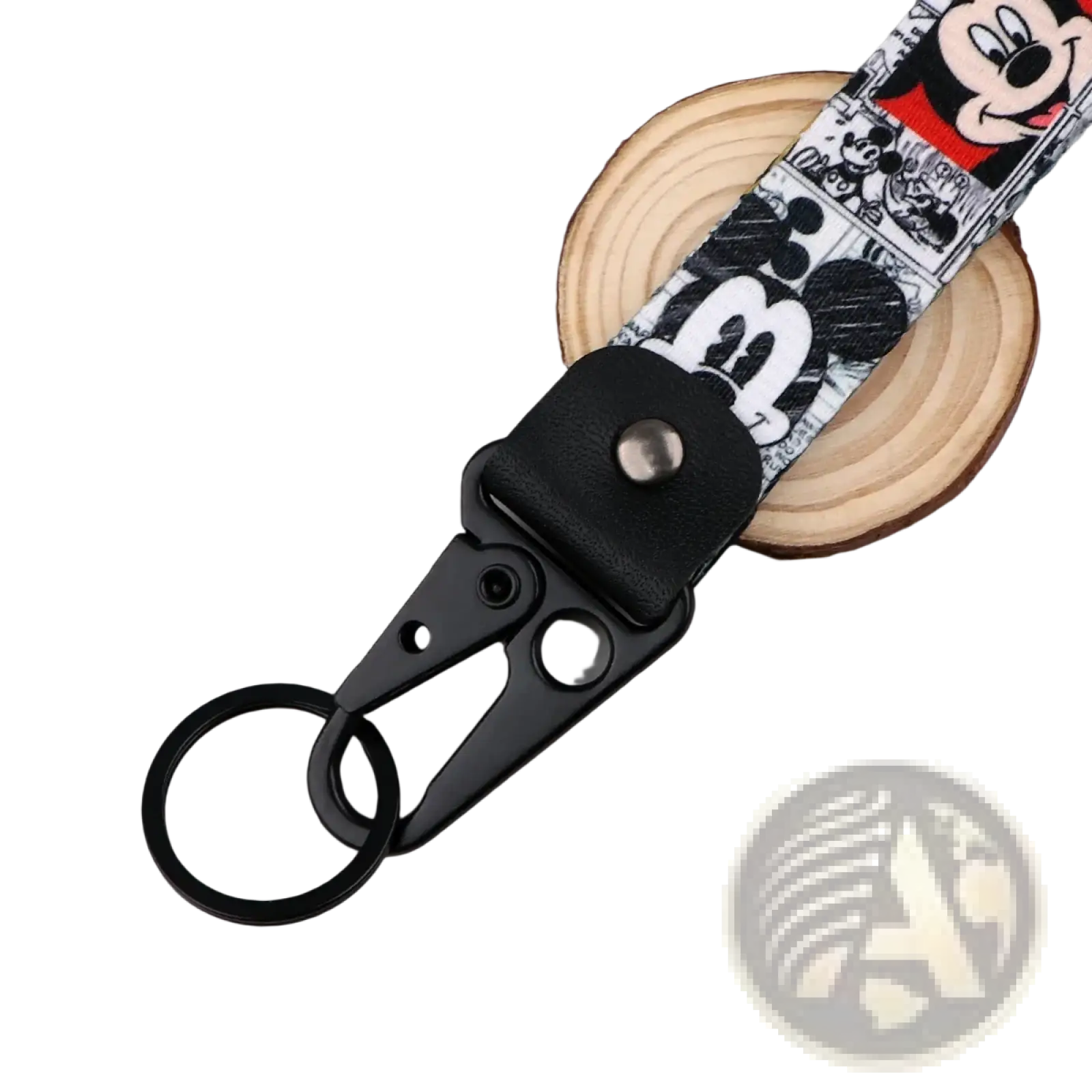 Black Mickey Mouse cartoon car leather keychain featuring a keychain with leather tab and metal carabiner