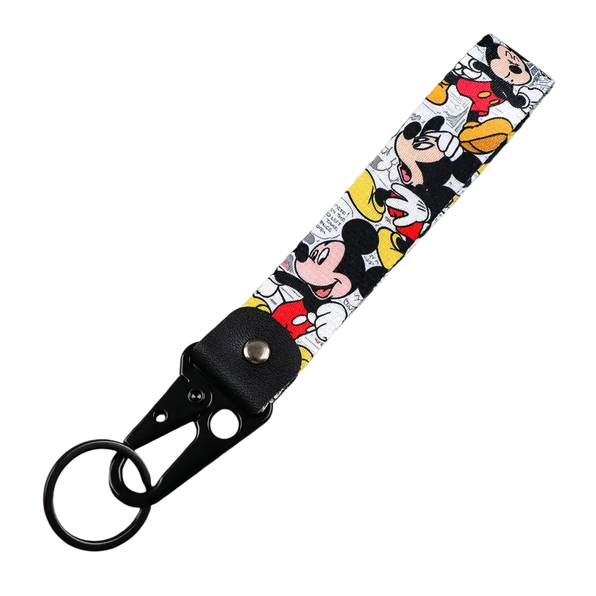 Black leather strap keychain featuring vibrant red and yellow classic mickey mouse illustrations from disney