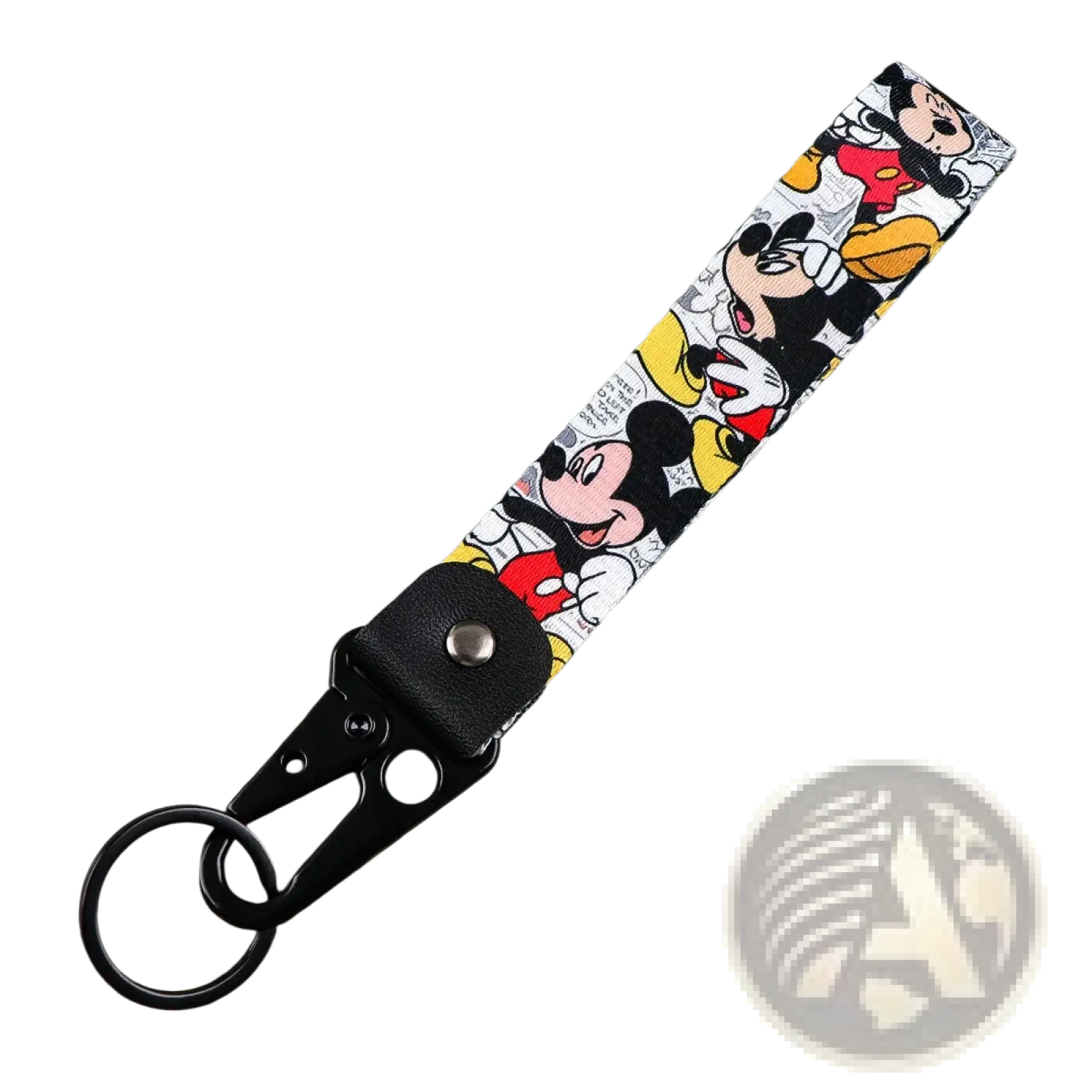 Black leather strap keychain featuring vibrant red and yellow classic mickey mouse illustrations from disney