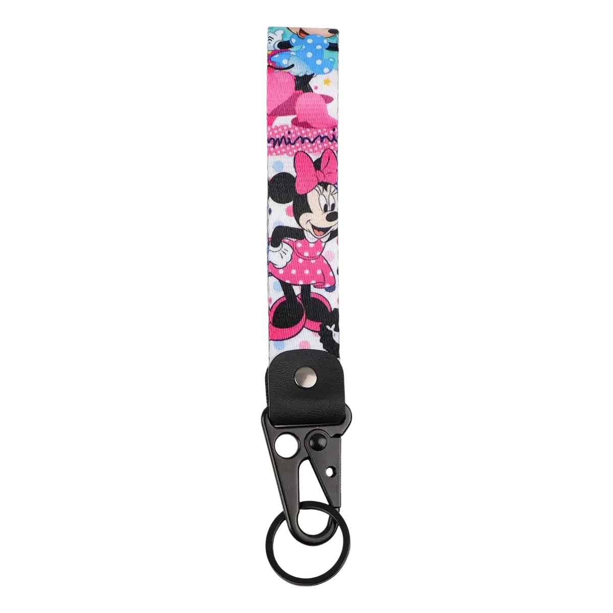 Disney Mickey Mouse cartoon car leather keychain with a colorful Minnie Mouse-themed strap, black clip, and metal ring