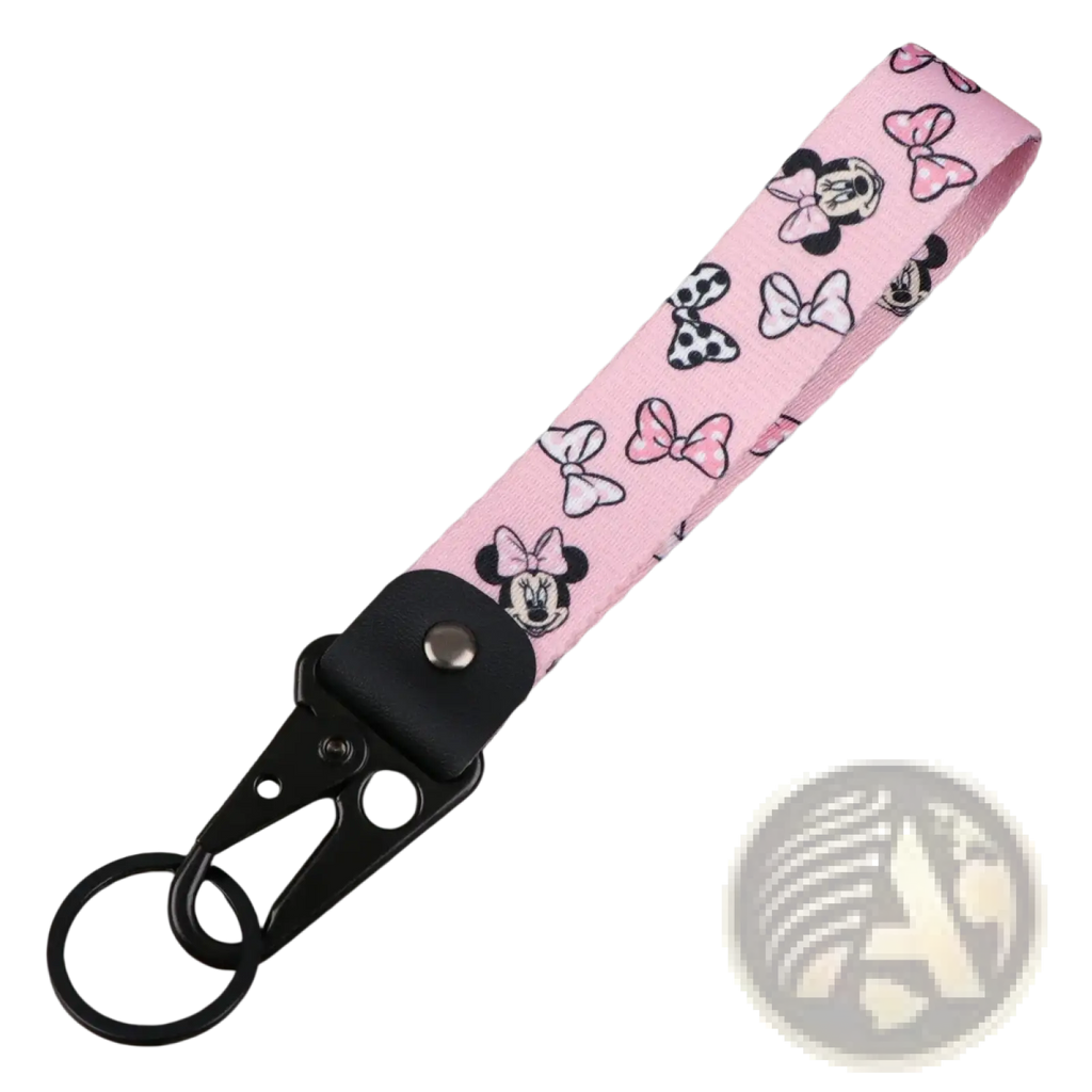 Pink leather wrist strap keychain featuring Minnie Mouse and bow patterns with black metal clip and ring