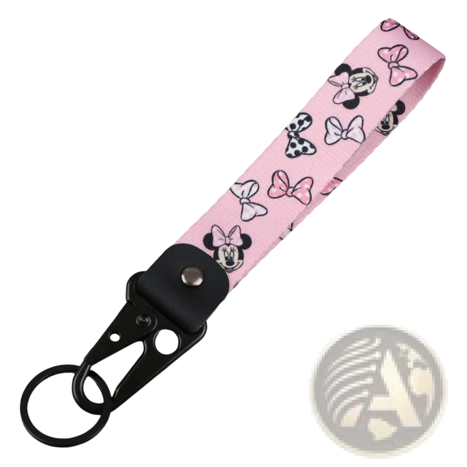 Pink leather wrist strap keychain featuring Minnie Mouse and bow patterns with black metal clip and ring