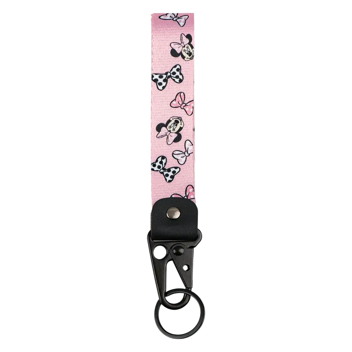 Disney Mickey Mouse cartoon car leather keychain with pink fabric wristlet strap featuring Minnie Mouse and bow patterns
