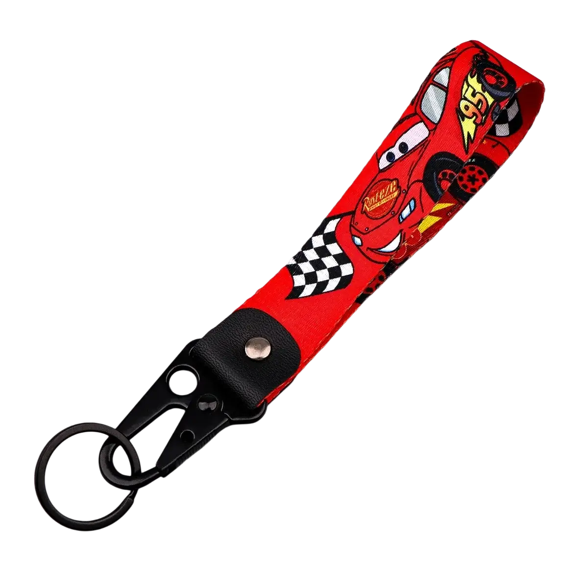 Red fabric disney mickey mouse cartoon car leather keychain with lightning mcqueen design and black carabiner clip