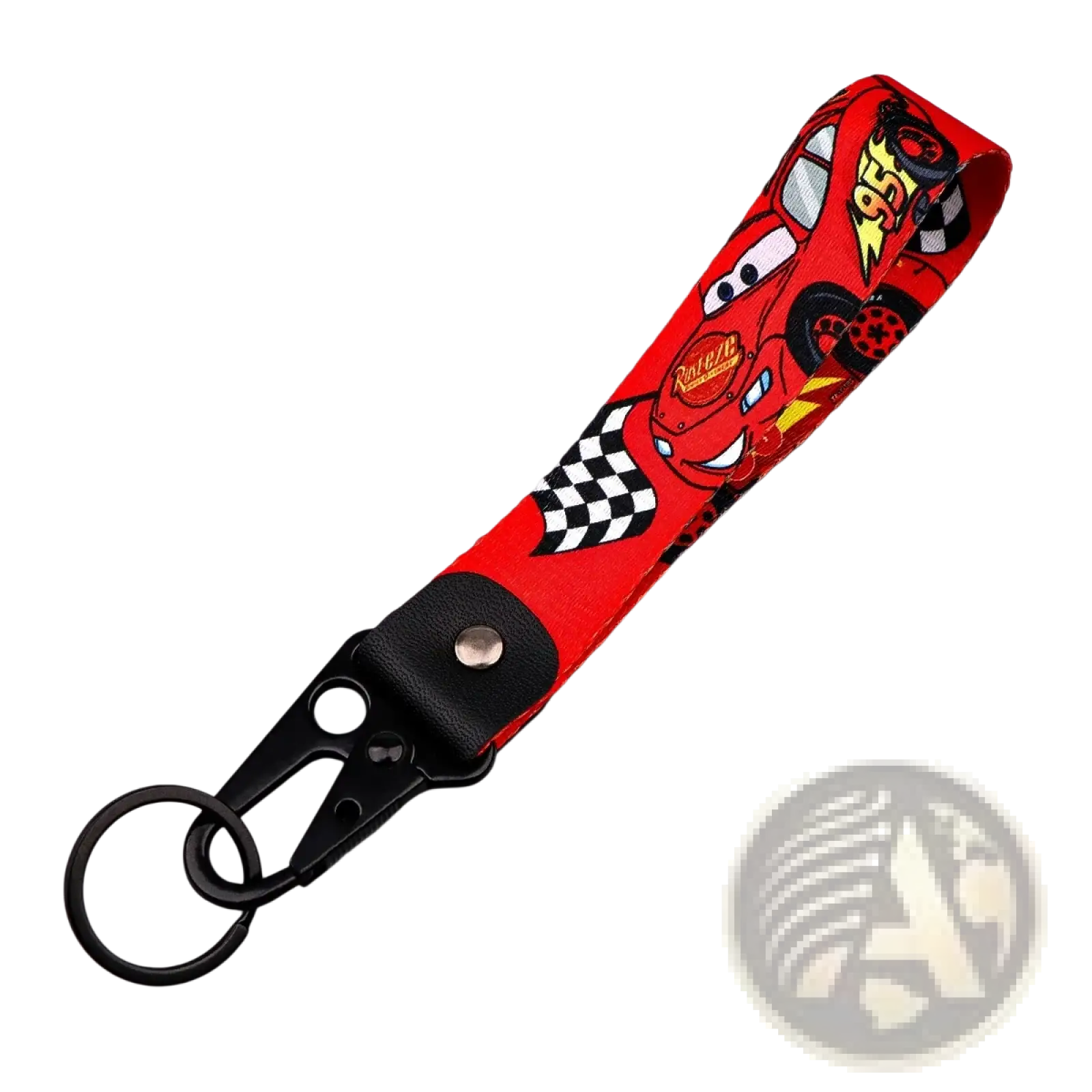 Red fabric disney mickey mouse cartoon car leather keychain with lightning mcqueen design and black carabiner clip