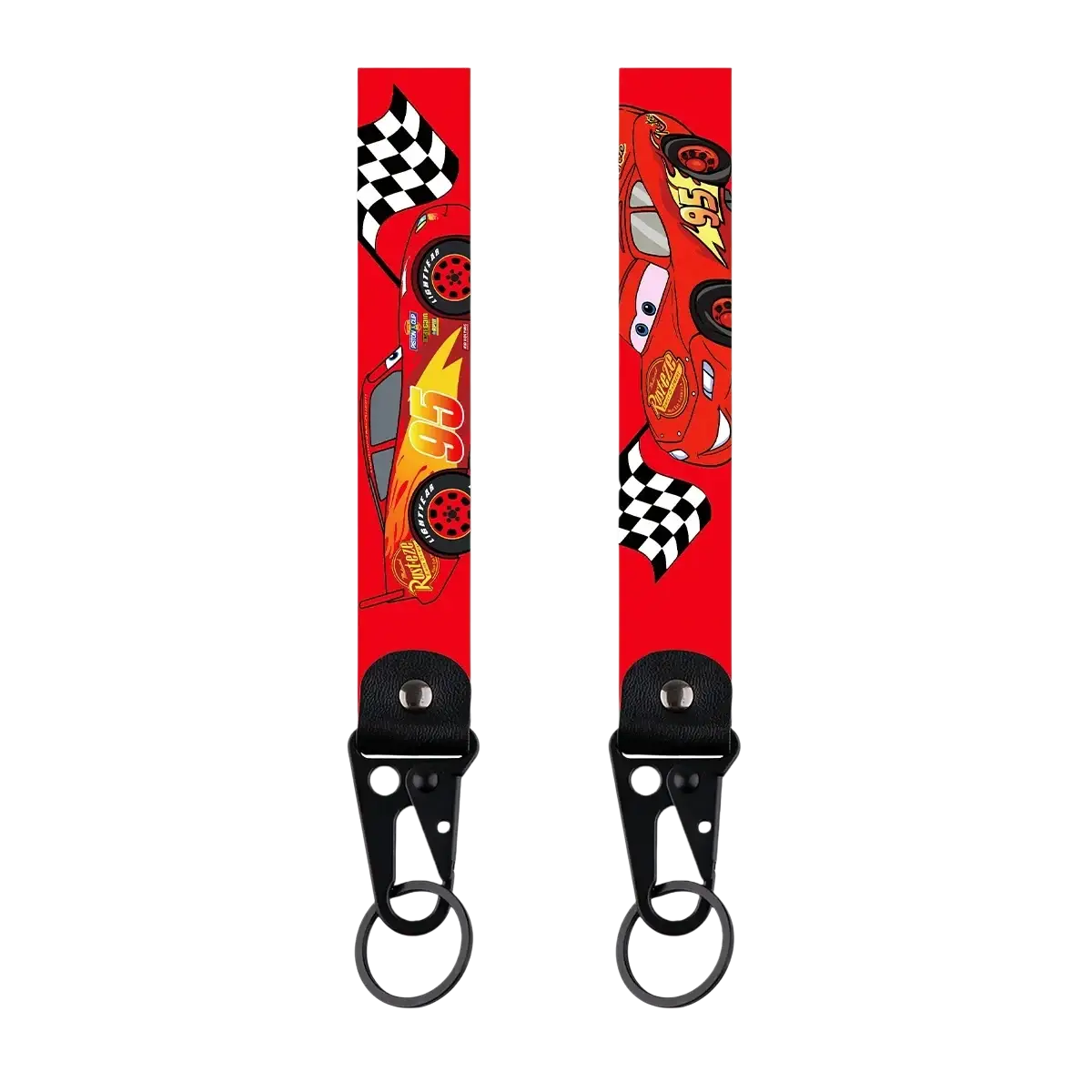 Disney mickey mouse cartoon car leather keychain featuring a red lightning mcqueen strap with black metal clip and ring