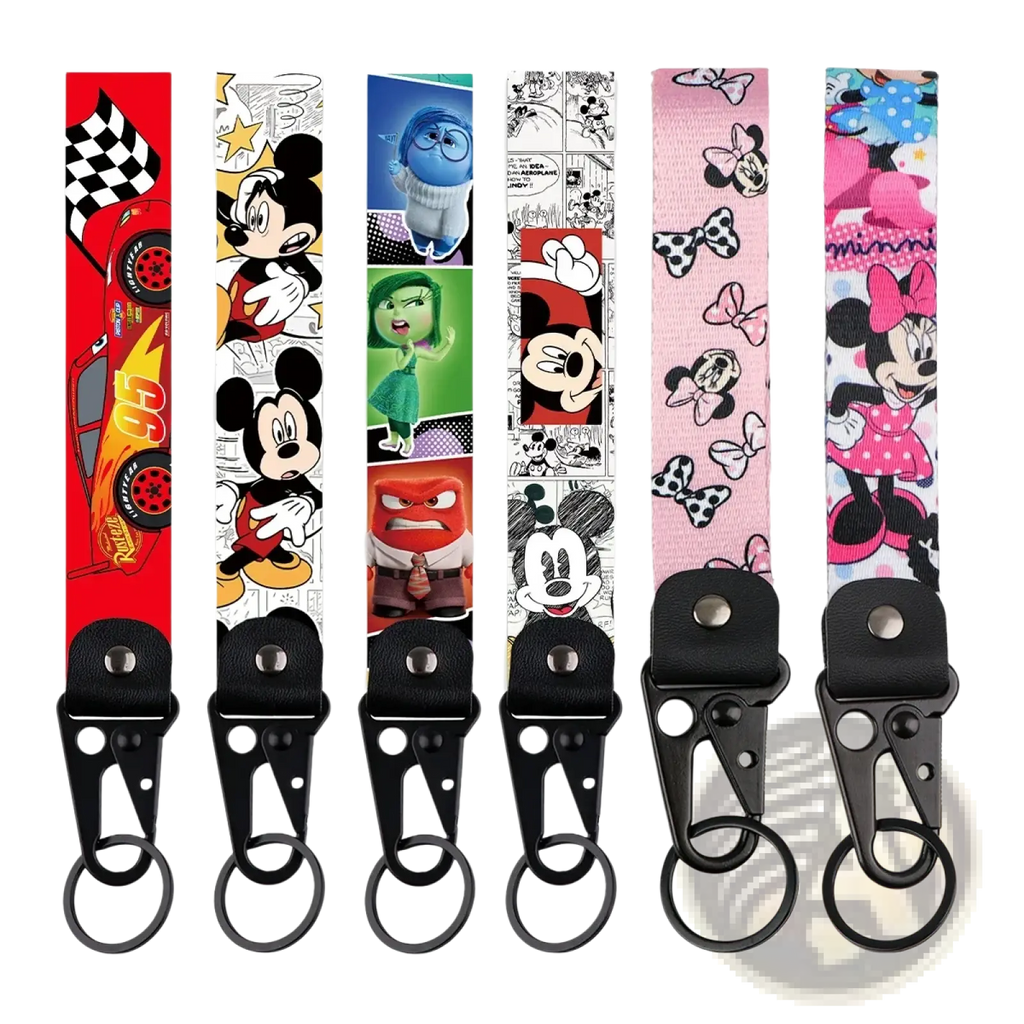 Six colorful disney mickey mouse cartoon car leather keychains with black metal clasps and rings