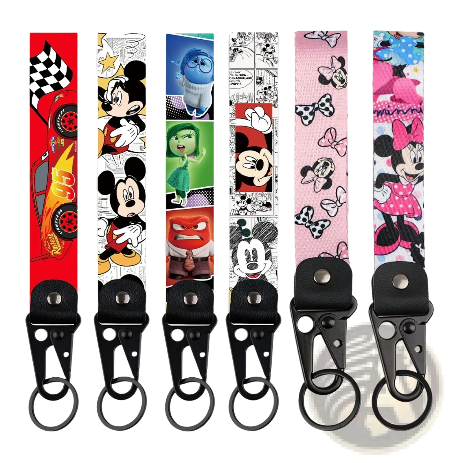 Six colorful disney mickey mouse cartoon car leather keychains with black metal clasps and rings