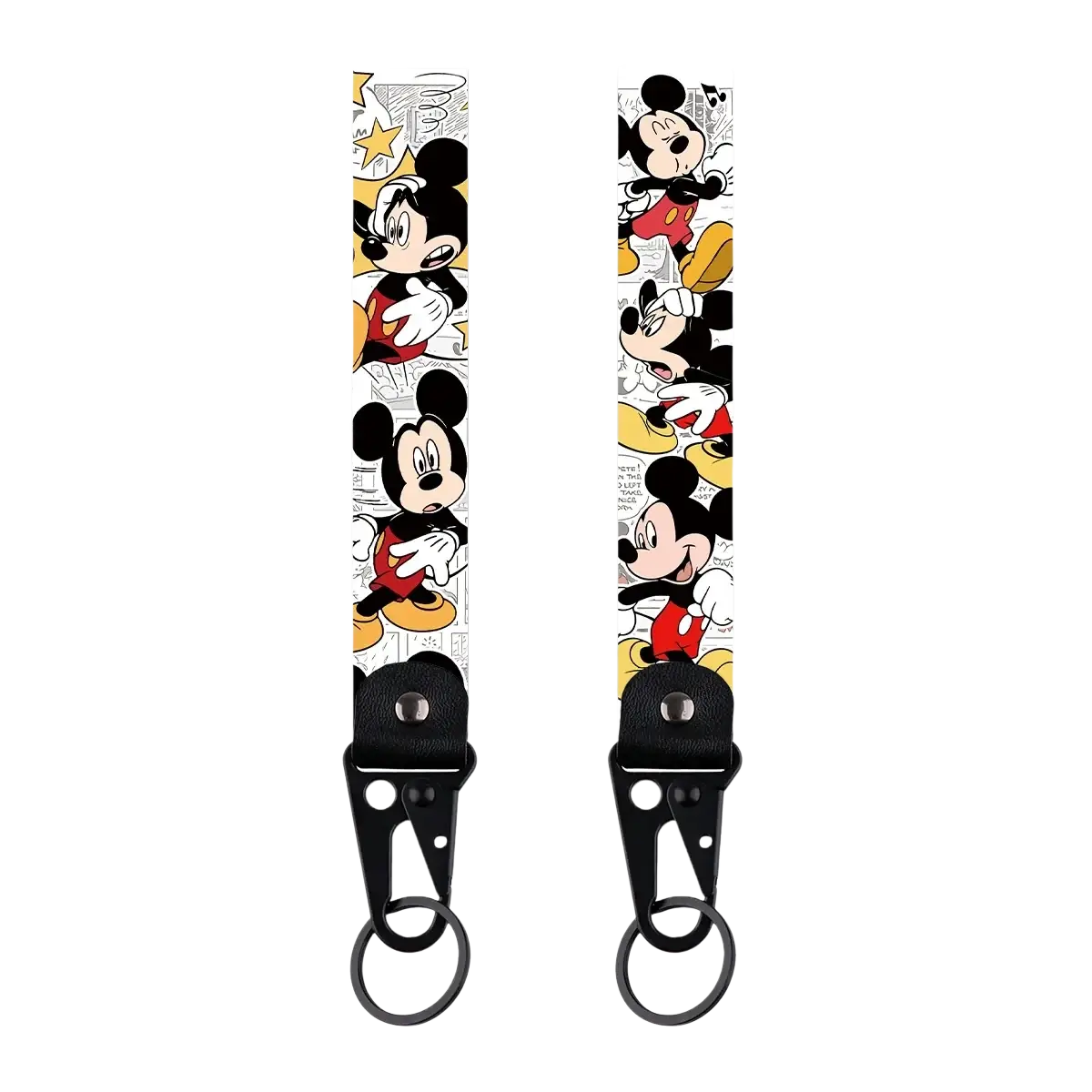 Disney mickey mouse cartoon car leather keychain with a comic book design in black red and yellow on white background