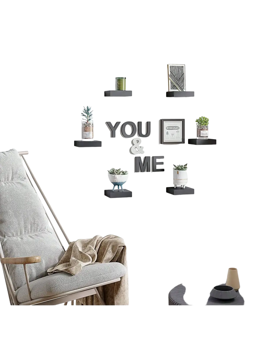 Black modern wood display shelf wall organizer with floating geometric shelves for decor display stand and plants