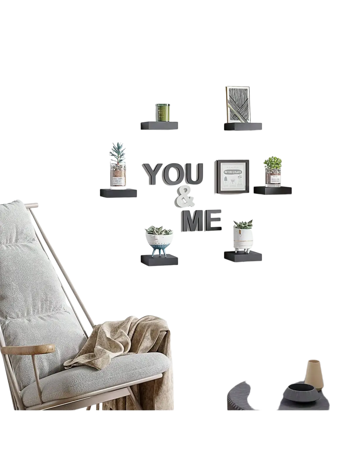 Black modern wood display shelf wall organizer with floating geometric shelves for decor display stand and plants