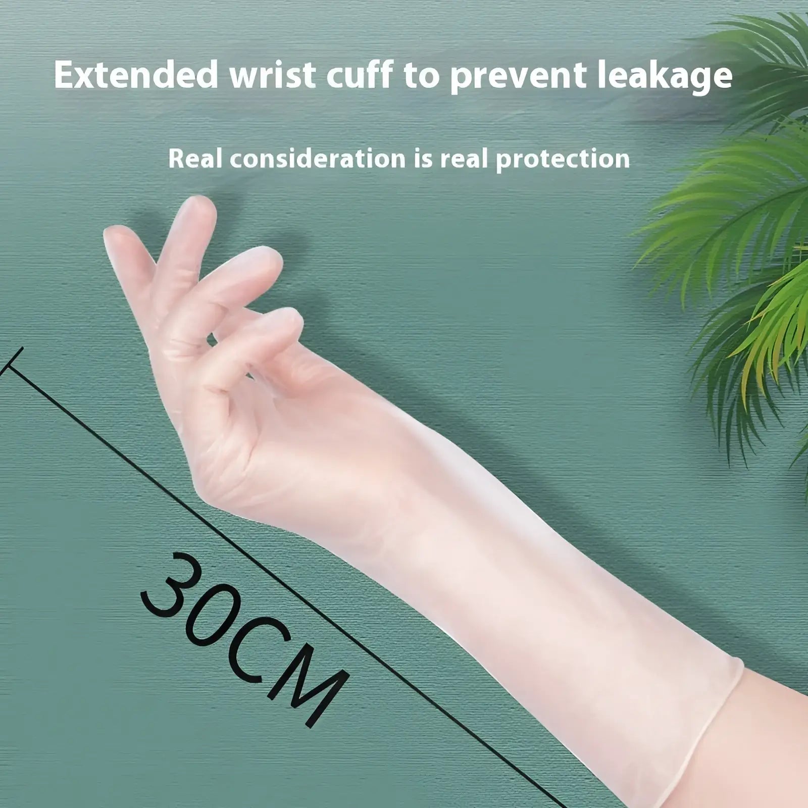 Transparent disposable pvc and nitrile kitchen glove with extended wrist cuff shown from the back side