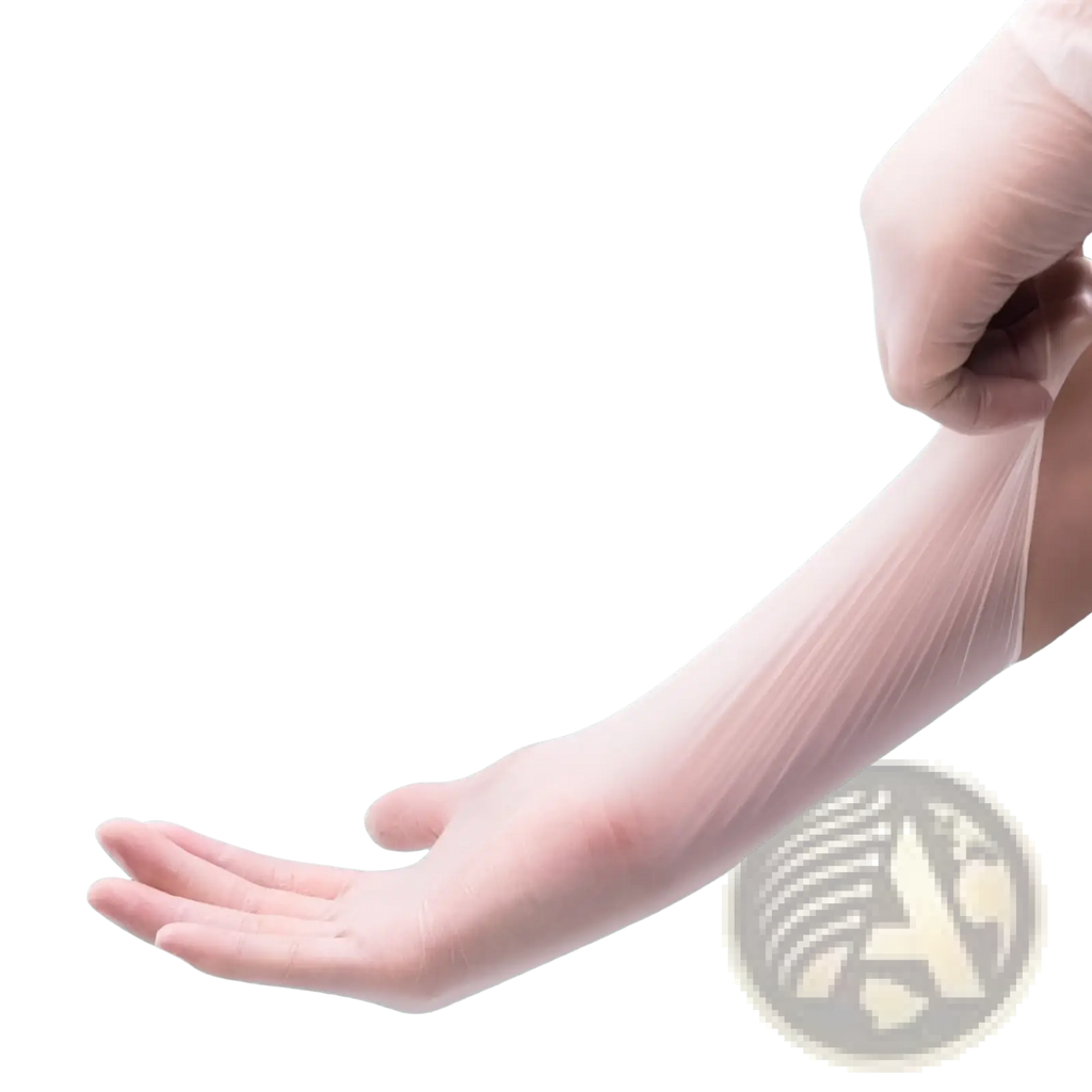 Transparent thin disposable pvc and nitrile kitchen glove with high elasticity and conformability shown from the back