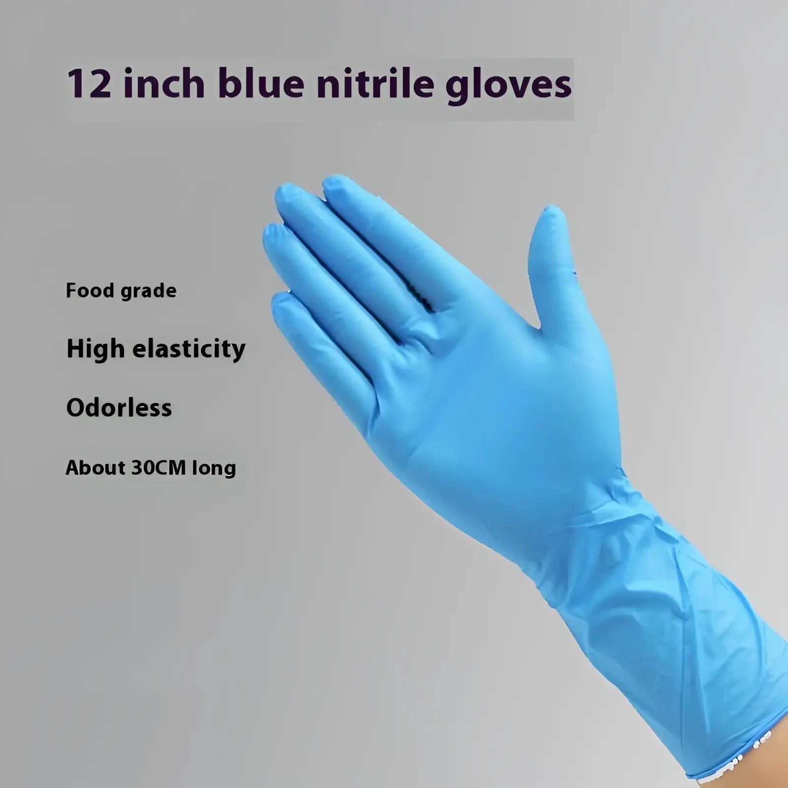 A pair of bright blue 12-inch nitrile disposable kitchen gloves with smooth food-grade finish and high elasticity