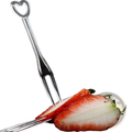 A shiny silver heart-shaped disposable tasting fork with three prongs piercing a red strawberry slice