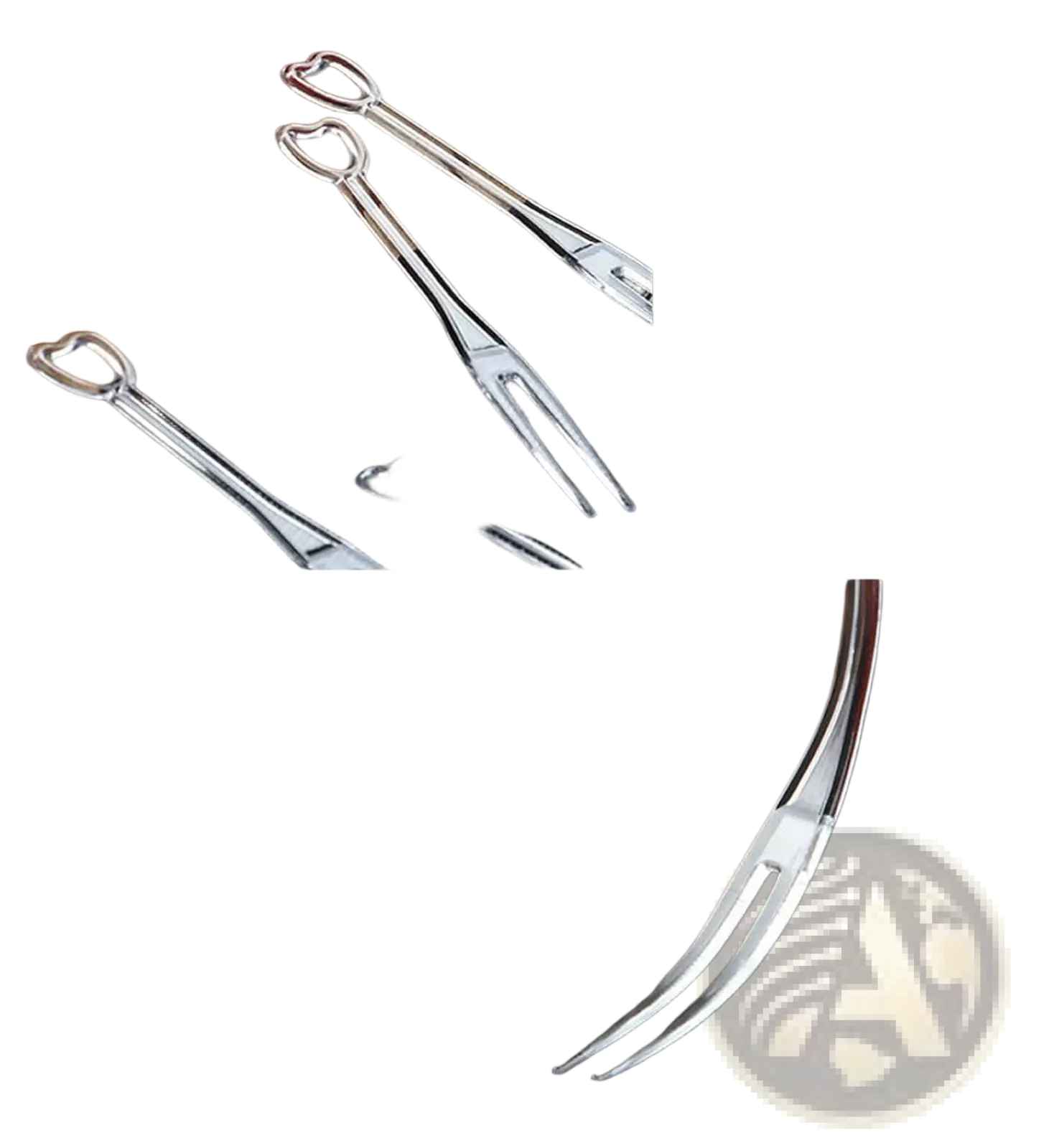Silver disposable tasting forks with heart-shaped handles and polished finish for fruit and dessert picking