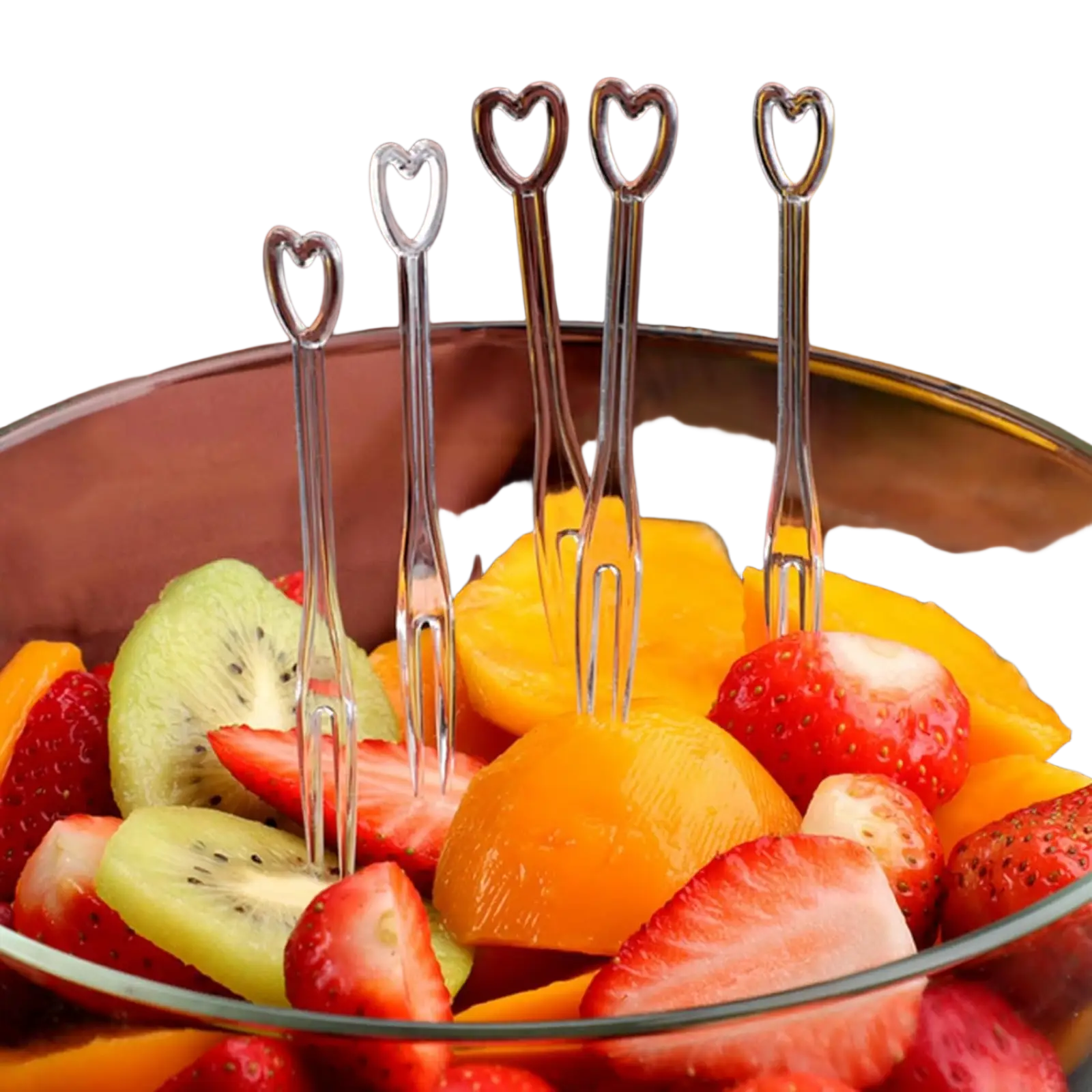 Set of five clear disposable tasting forks with silver heart-shaped fruit picks and slender metallic handles