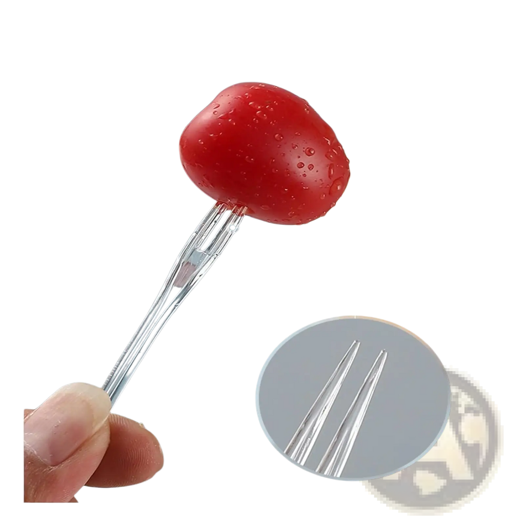 Disposable tasting fork made of clear plastic with a slender transparent handle and two fine prongs for fruit picking