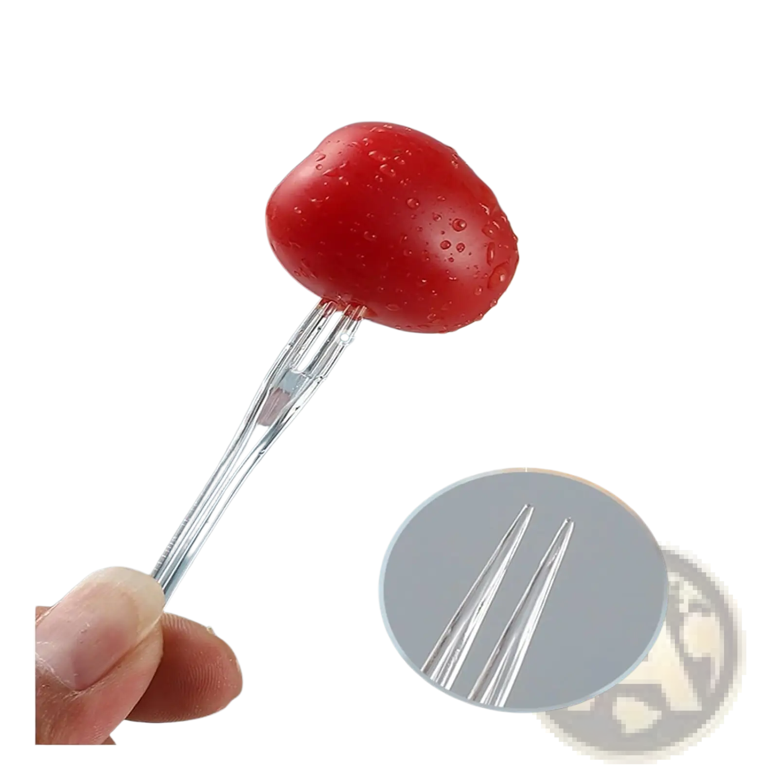 Disposable tasting fork made of clear plastic with a slender transparent handle and two fine prongs for fruit picking