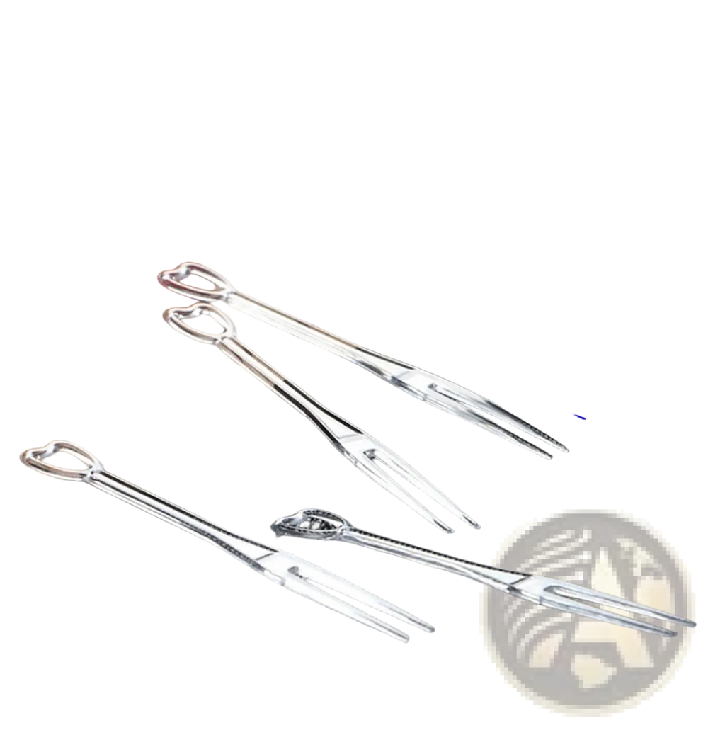 Set of three sleek silver stainless steel food tongs with ergonomic handles and pointed tips for serving