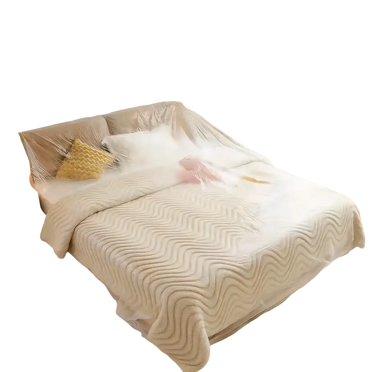 Beige disposable waterproof mattress protector with quilted soft wavy texture and subtle sheen for bed protection
